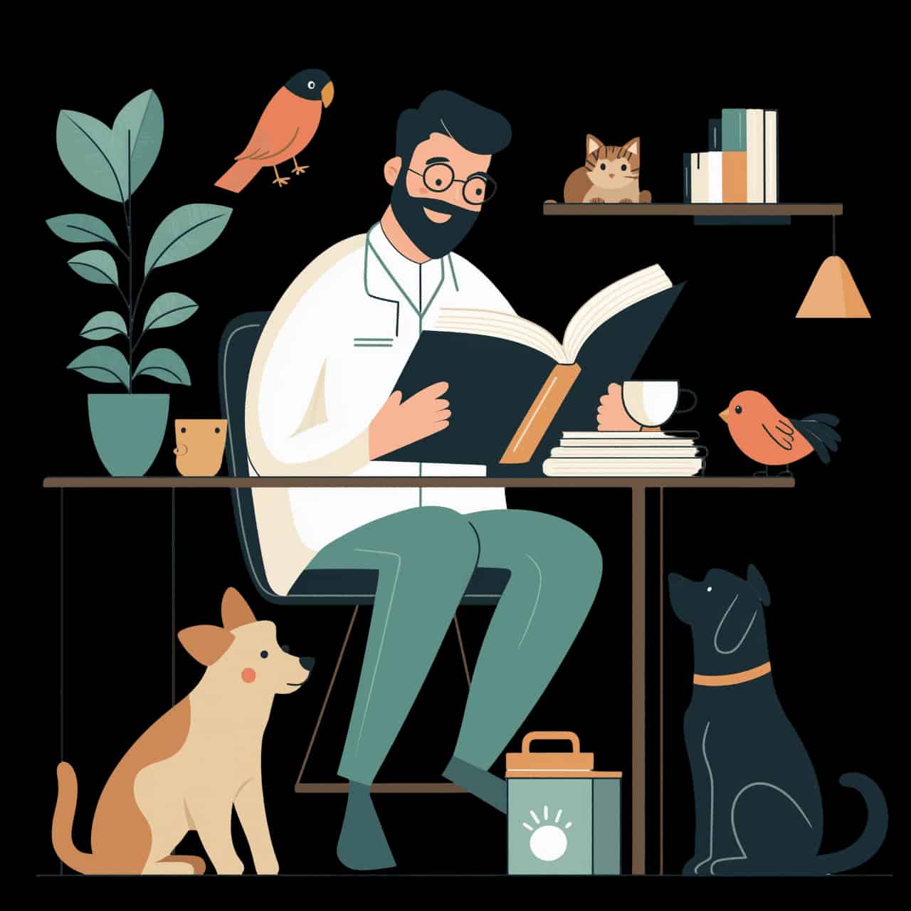 Veterinarian smiling with a healthy pet — PetCare Pro veterinarian reading with pets illustration.