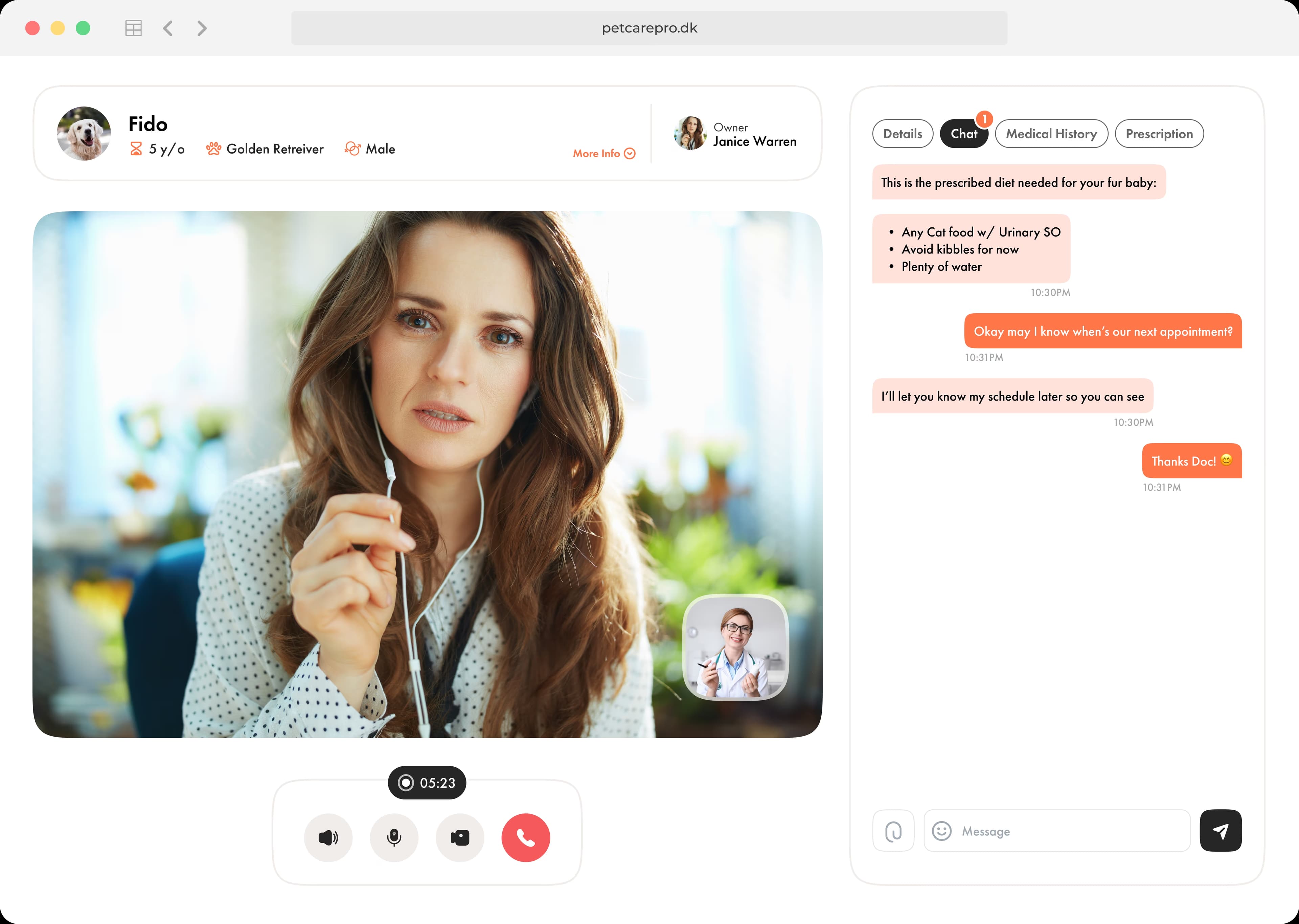 PetCare Pro telemedicine screenshot: a vet consulting online with a pet owner.